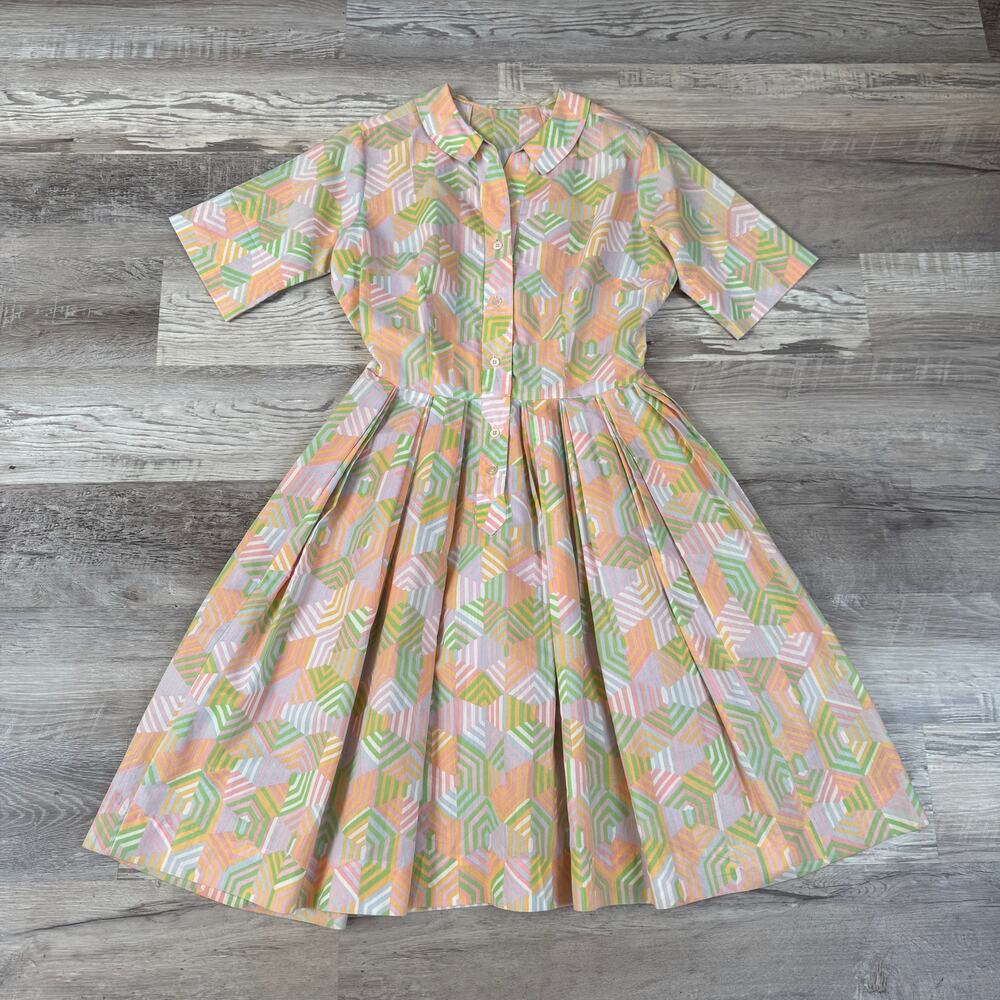 Vintage 50s 60s Pastel Atomic Print Shirtwaist Pleated Midi Dress Mod Retro S